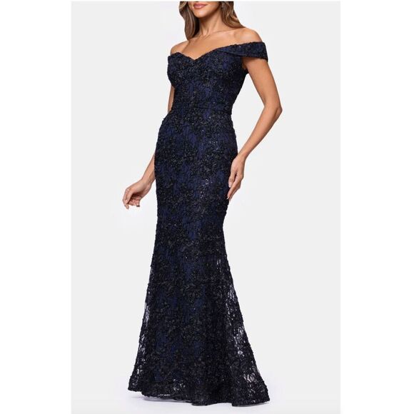 Xscape Dresses & Skirts - XSCAPE Off The Shoulder Evening Formal Navy Blue Gown Sequins Lace Size 12 NEW